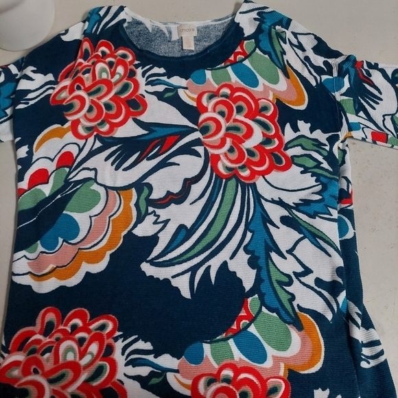 Chico's Multi ColorTop Tunic Floral Size 2 Thermal Waffle Knit 3/4 Sleeves‎ - Picture 7 of 9